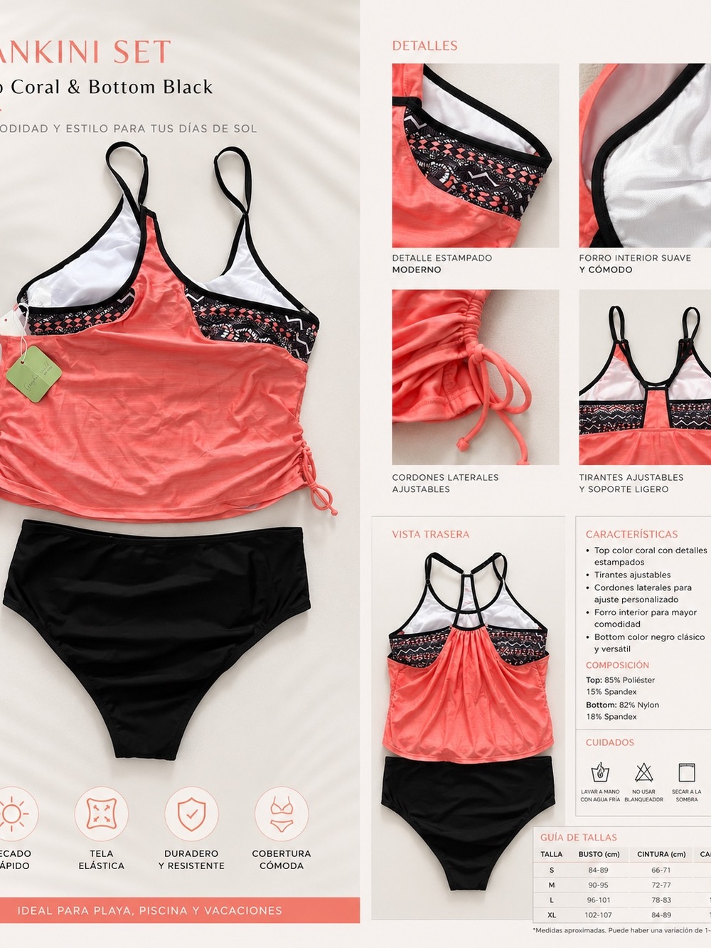 Coral Tankini Top with Black Bottom - Adjustable Strappy Swim Set